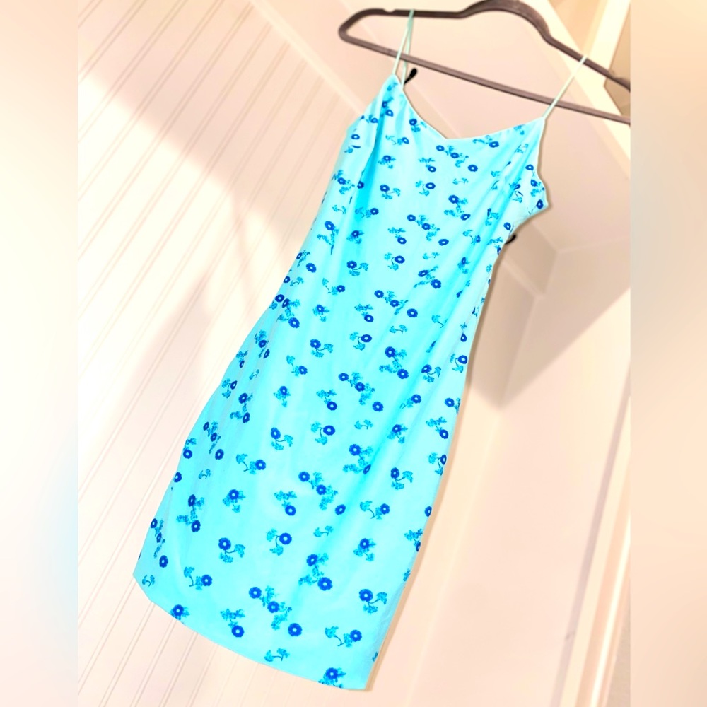 Double Lined Floral Turquoise Fitted Mini Dress